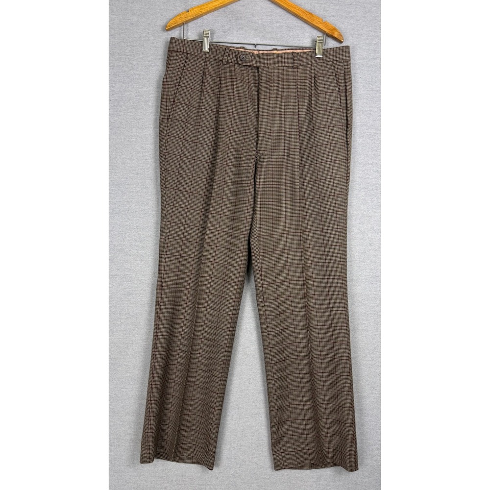 Vintage Tattersall‎ Ltd Mens Brown Check Pleated Straight Leg Trousers 34x31